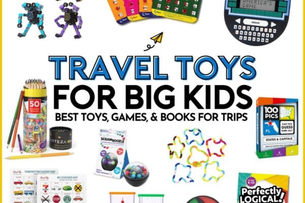 Travel Toys for Big Kids: best toys to take on trips (image is white with 10 images of travel toys)