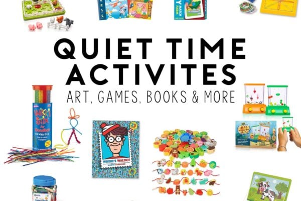 Quiet time activities: art, games, books, and more - image is white with images of toys for kids.