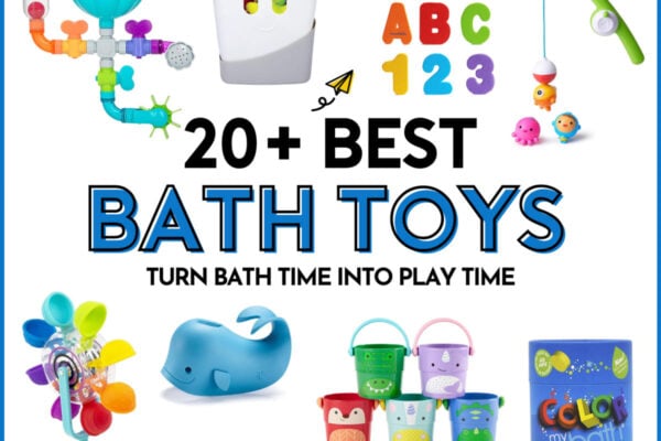 20+ Best Bath Toys: Turn Bath time into play time. A white background with 9 bath toys for kids.