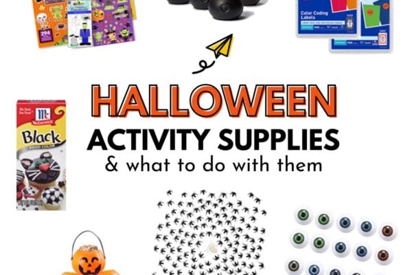 Halloween Activity Supplies: a white background has 7 images of Halloween supplies like pumpkins and spiders