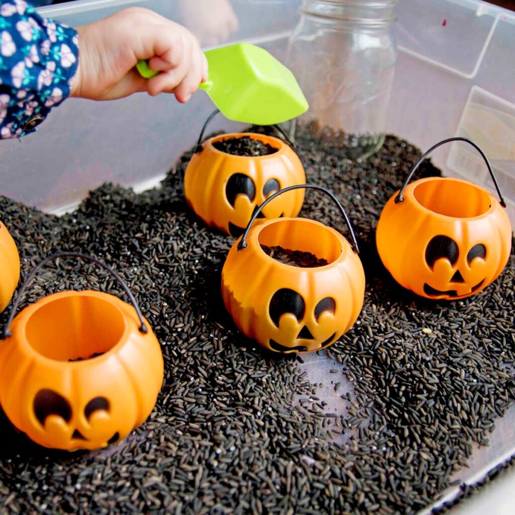 Black Rice Sensory Bin for Halloween Busy Toddler