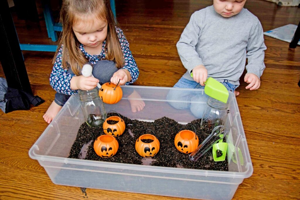 Black Rice Sensory Bin for Halloween Busy Toddler