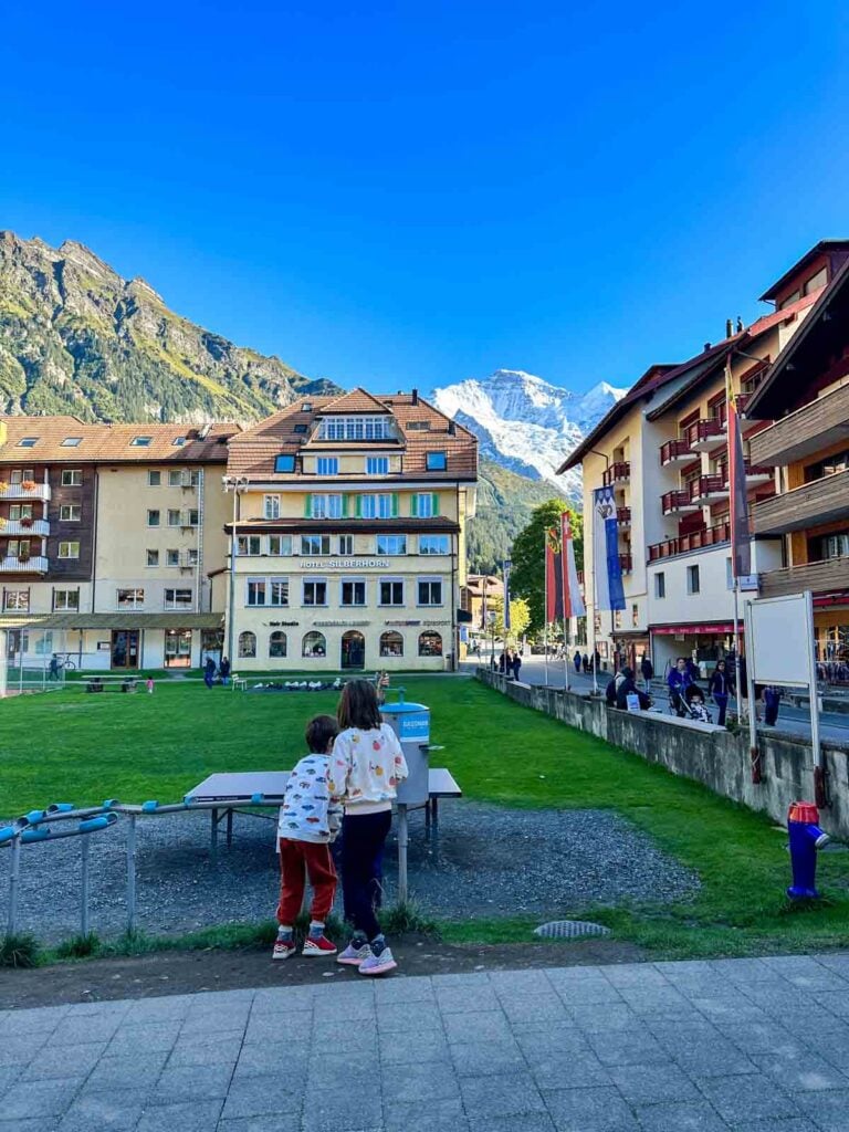 Children playing outside in Wengen in the Swiss Alps.