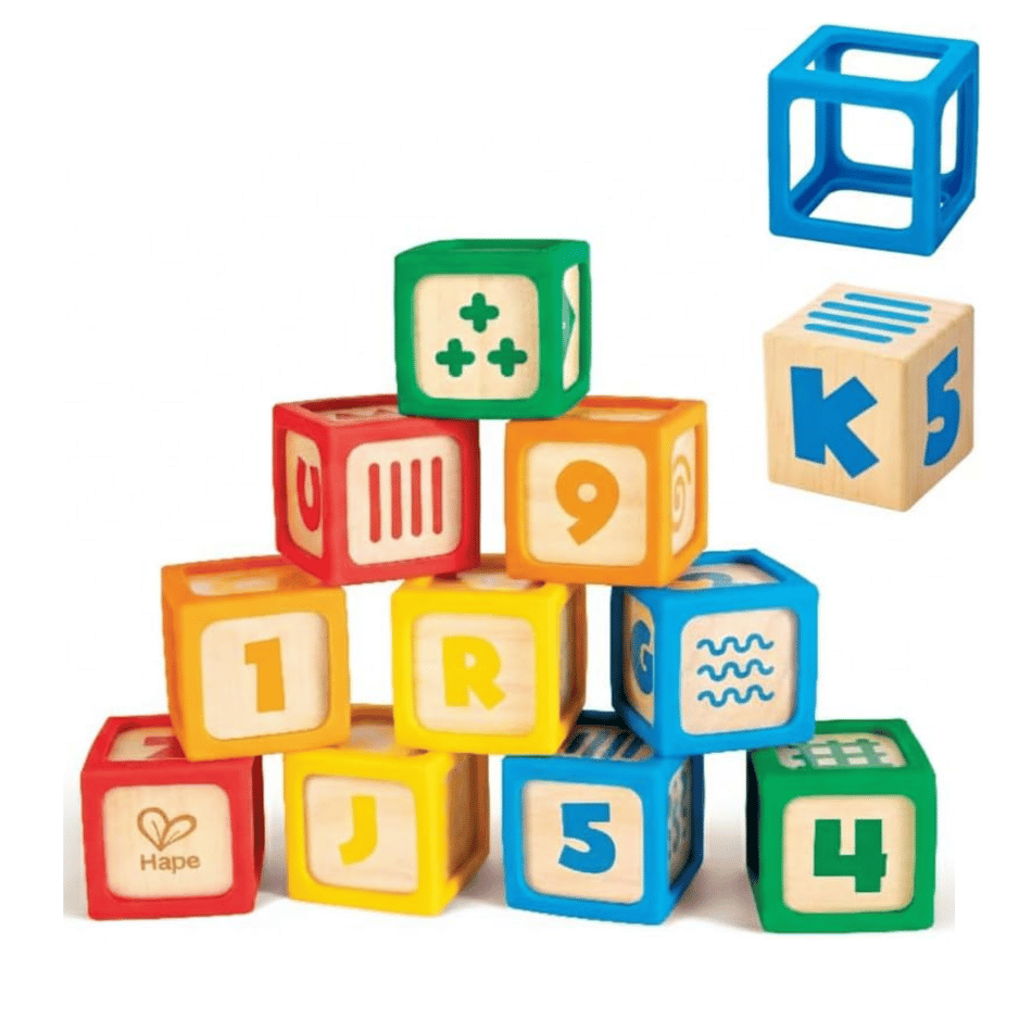 Grip & Stack Blocks: Wooden alphabet blocks set inside soft silicone frames.