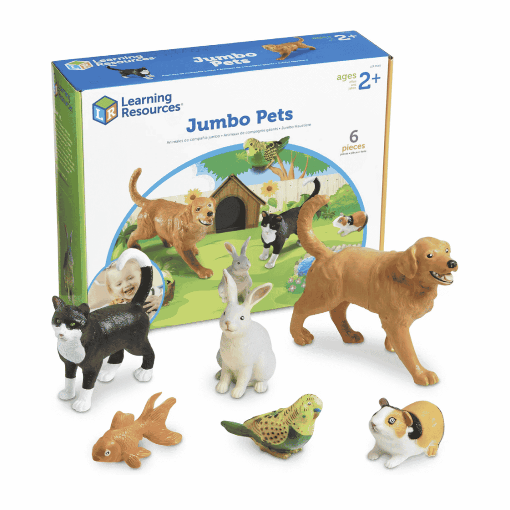 Jumbo Pets: Set of large, realistic toy pet animals sized for toddler hands.