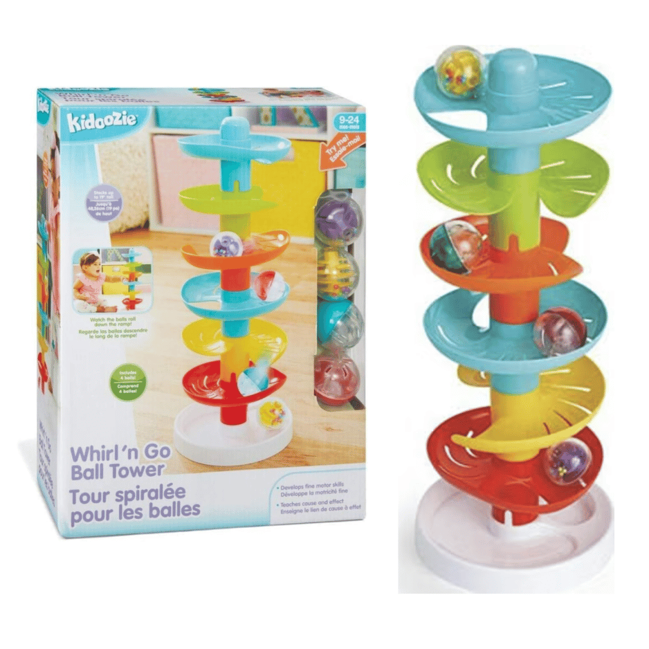 Whirl and Go Ball Tower: Toddler ball tower where balls spin and roll down a winding track.