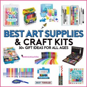 30+ Art Supplies to Gift Kids: Artsy ideas for creative kids. Image is white with 11 art supplies on it from Busy Toddler.