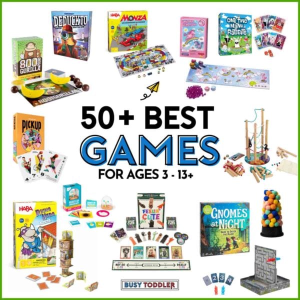 50+ Best Games for Kids ages 3-13+: image is white with 12 different games for kids from Busy Toddler.