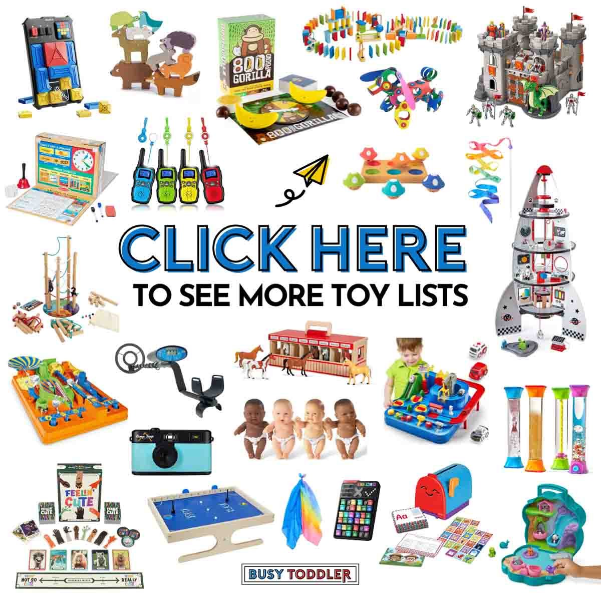Image is of 20 toys, white background. Text reads "Click Here to See More Toy Lists" - Busy Toddler