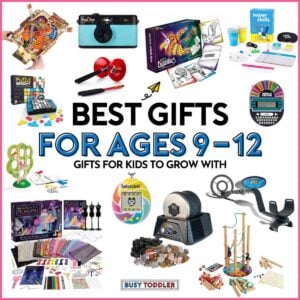 Best Gifts for 9-12 Year Olds: Gifts for Kids to Grow with. Image is white with 12 gifts for tweens on it