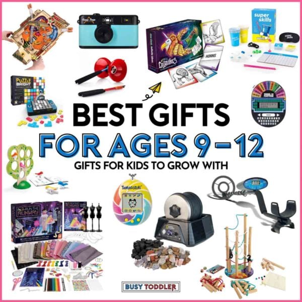Best Gifts for 9-12 Year Olds: Gifts for Kids to Grow with. Image is white with 12 gifts for tweens on it
