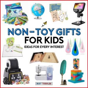 Non-Toy gifts for kids: fun and unique presents. Image is a white background with 13 gift ideas for kids from Busy Toddler.