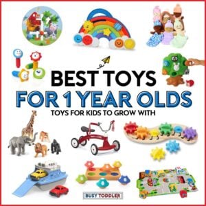 Best Toys for 1 Year Olds: Toys for Kids to Grow With (a white background with toys). Toys include a trike, farm animals, barn, and dolls.