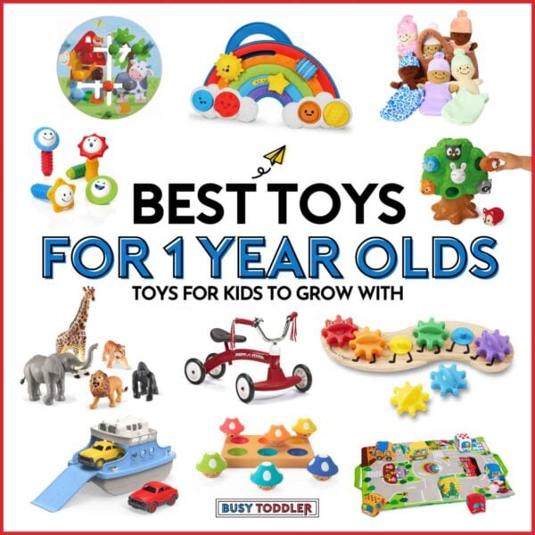 Best Toys for 1 Year Olds: Toys for Kids to Grow With (a white background with toys). Toys include a trike, farm animals, barn, and dolls.