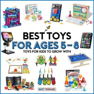 Best toys for ages 5-8: toys for kids to grow with. White image with 13 photos of toys.