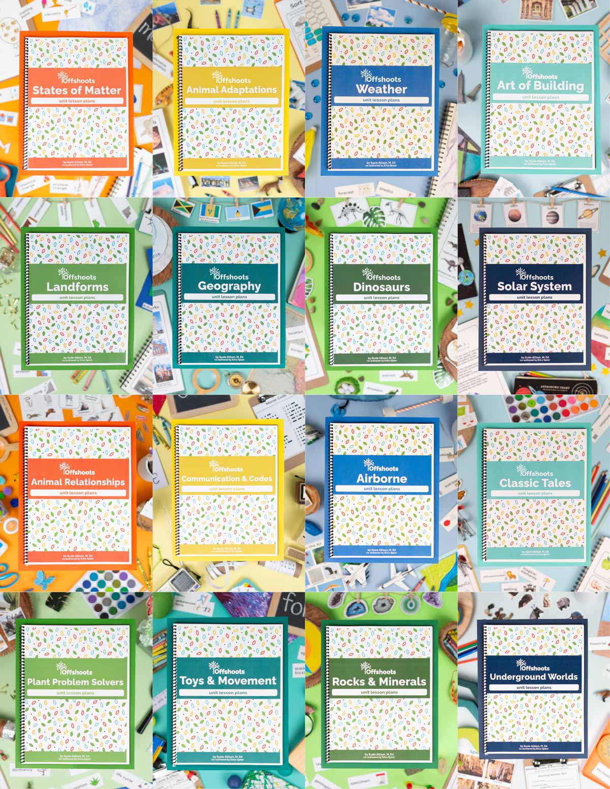 A collage of Offshoots curriculum covers - 16 images.
