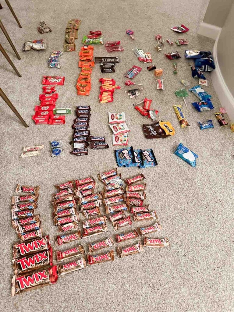 Sorted candy piles after halloween