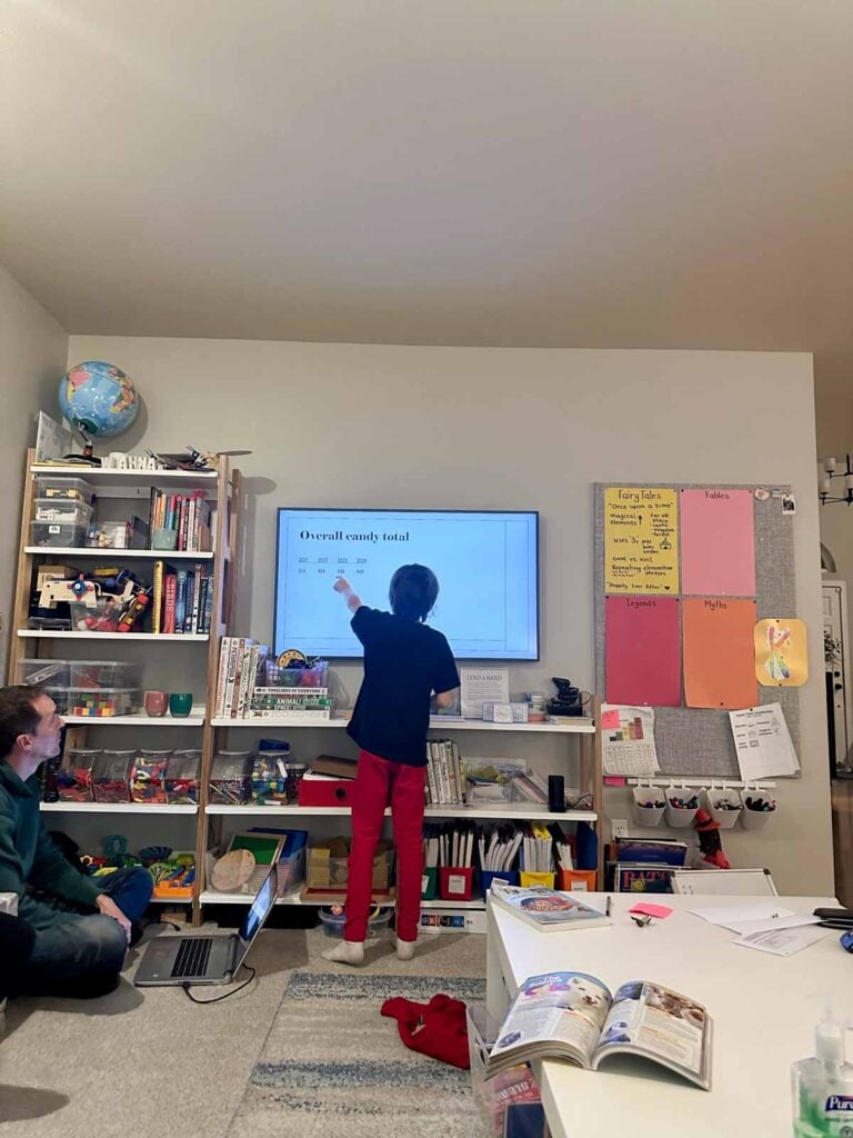 A child stands at a tv explaining the results of a candy graph
