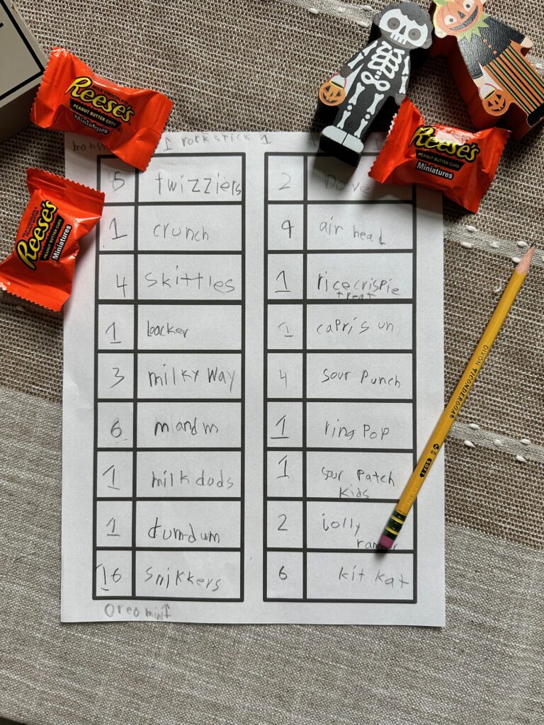 A child's candy tally sheet