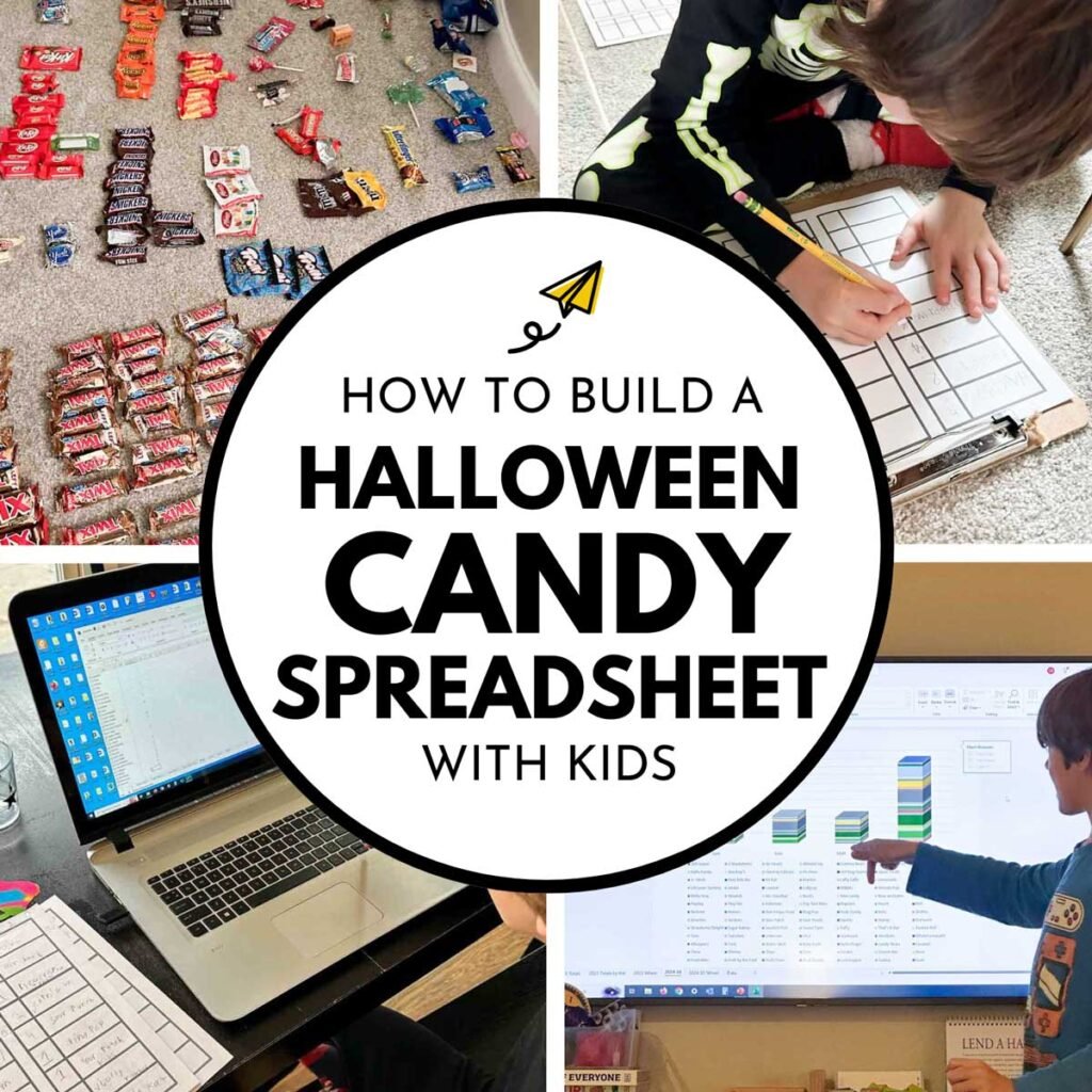 How to build a Halloween Candy Spreadsheet with Kids. Image shows kids creating a candy graph.