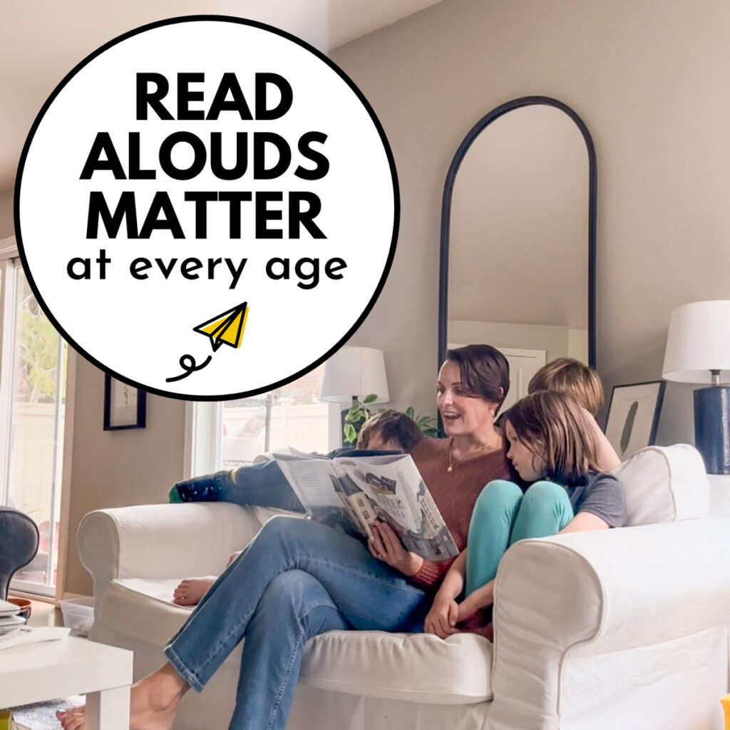 Read Alouds Matter at every age: Image from Busy Toddler shows a family reading on a white couch