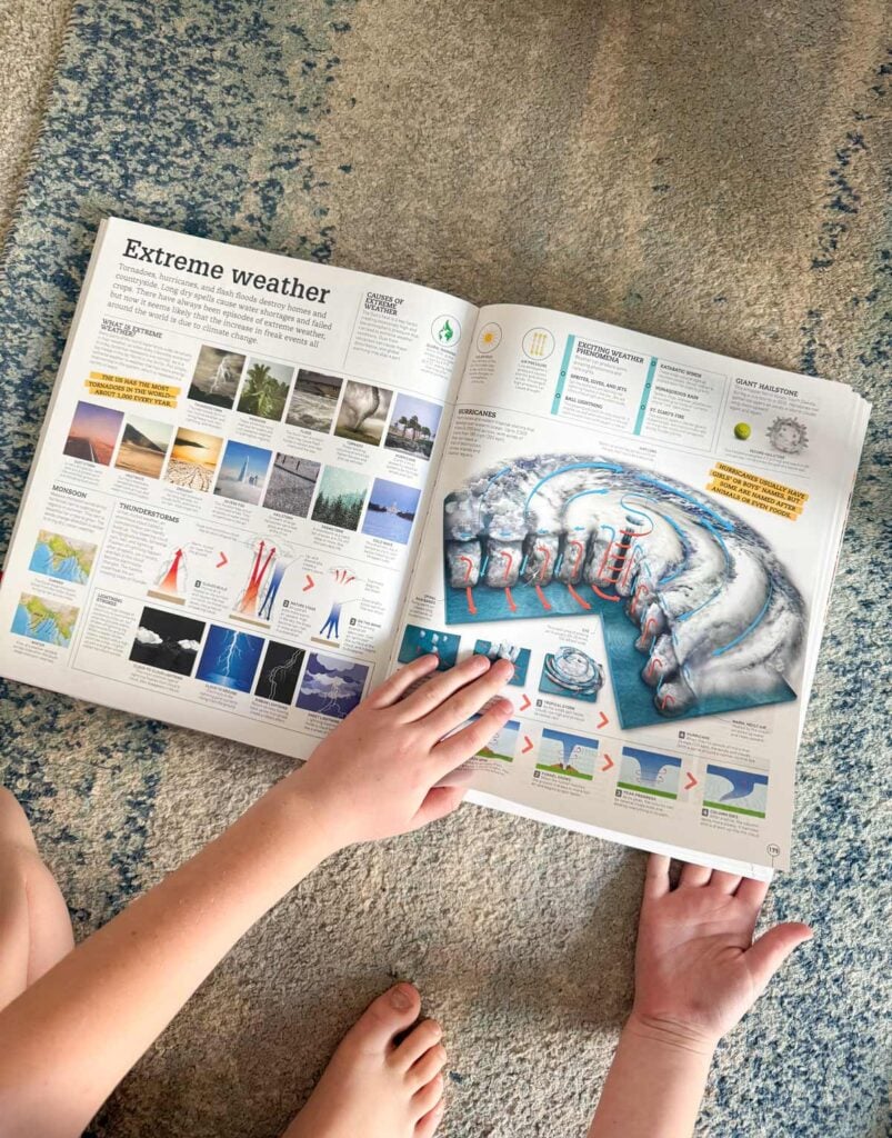 A child looks at a nonfiction reference book about extreme weather.