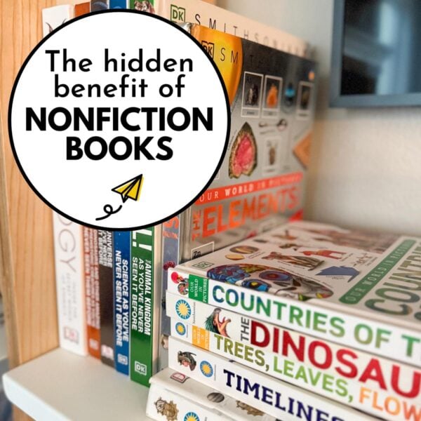 The hidden benefit of nonfiction books: image shows 11 nonfiction reference books on a book shelf.