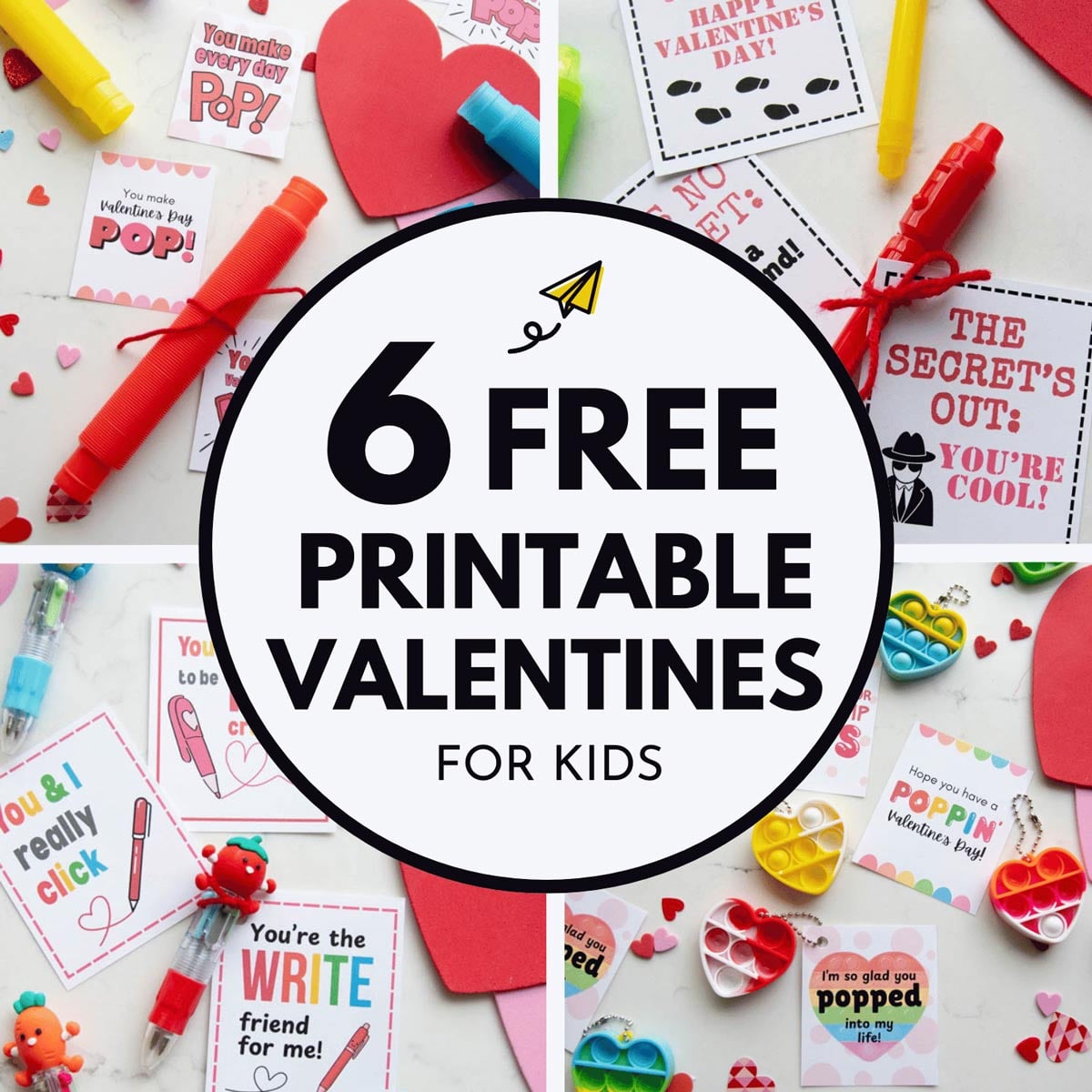 6 Free Printable Valentines for Kids by Busy Toddler - image shows Valentines with toys.