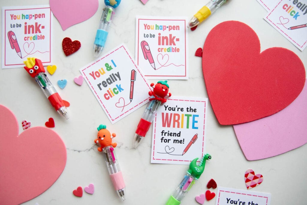 A small mini pen with three printable valentines that each use "write" as a pun.
