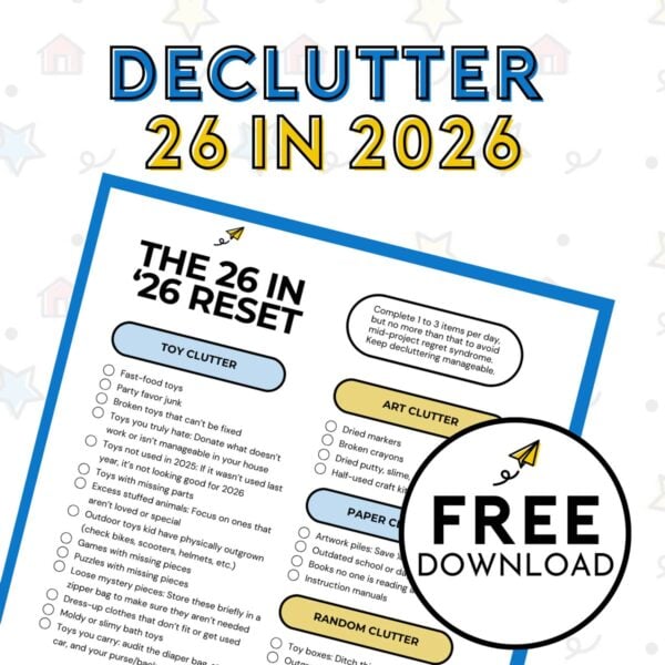 Declutter 26 in 2026: A Free download on a white background from Busy Toddler