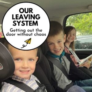 Our Leaving System: Getting out the door without chaos - image of three kids in the back of a car from Busy Toddler.